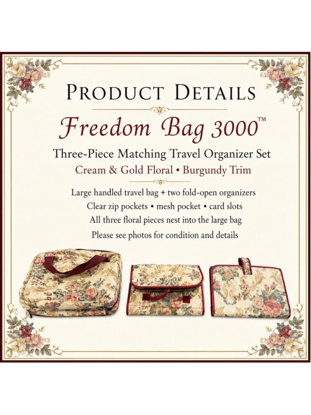 Freedom Bag 3000 3-Pc Floral Travel Organizer & Hanging Toiletry Set